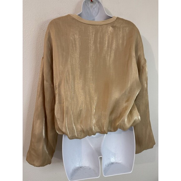 Zara Blouse Gold Bubble Bottom Cropped Long Balloon Sleeves Holiday Event Size M - Picture 2 of 6